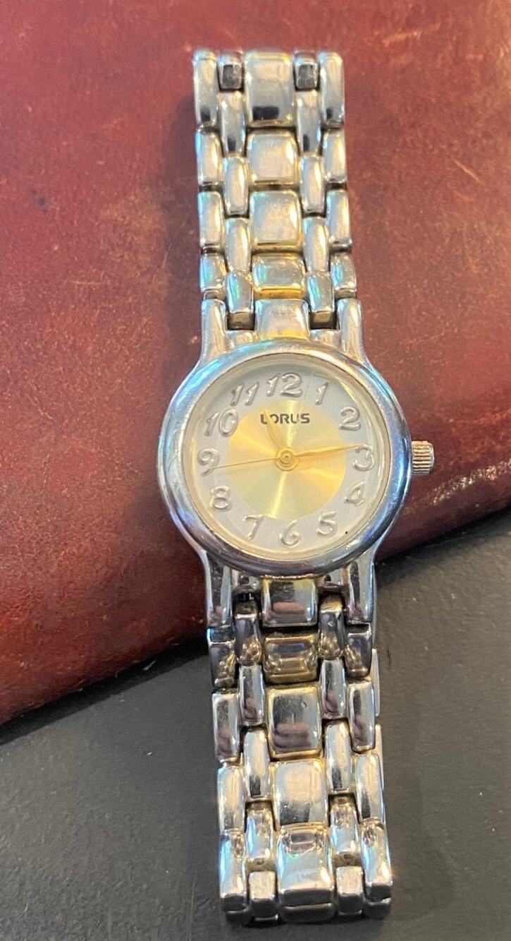 Women's Lorus Watch, Silver Tone with Link Bracelet Band, Gold Tone Hands